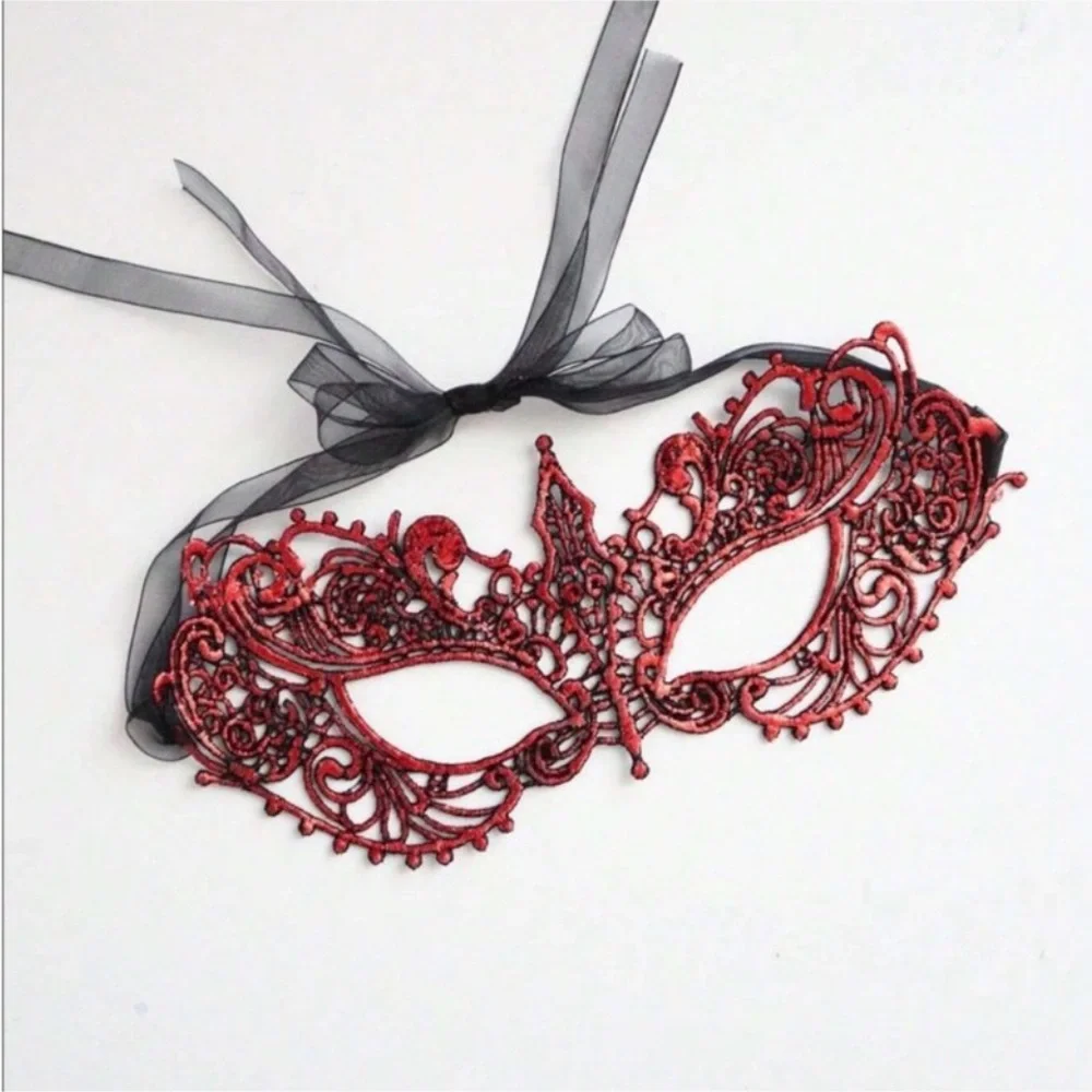 Red Lace Masquerade Eye Mask with Black Ribbon